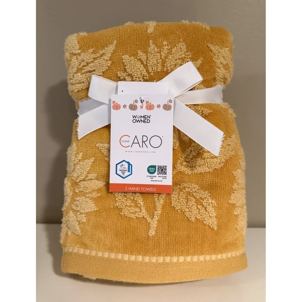 CARO Home (2) Hand Towels Golden Yellow Mustard Sunflower Reversible Fall Autumn
